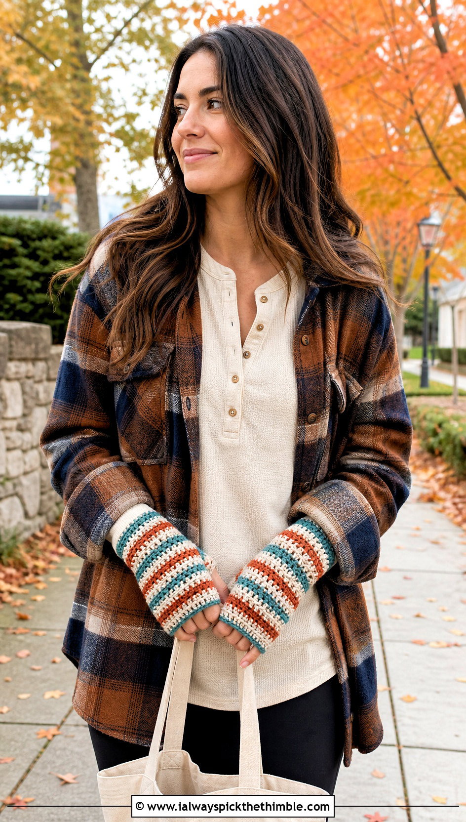 Striped Crochet Fingerless Gloves With a Flannel Shacket - 25 crochet fingerless gloves outfit ideas