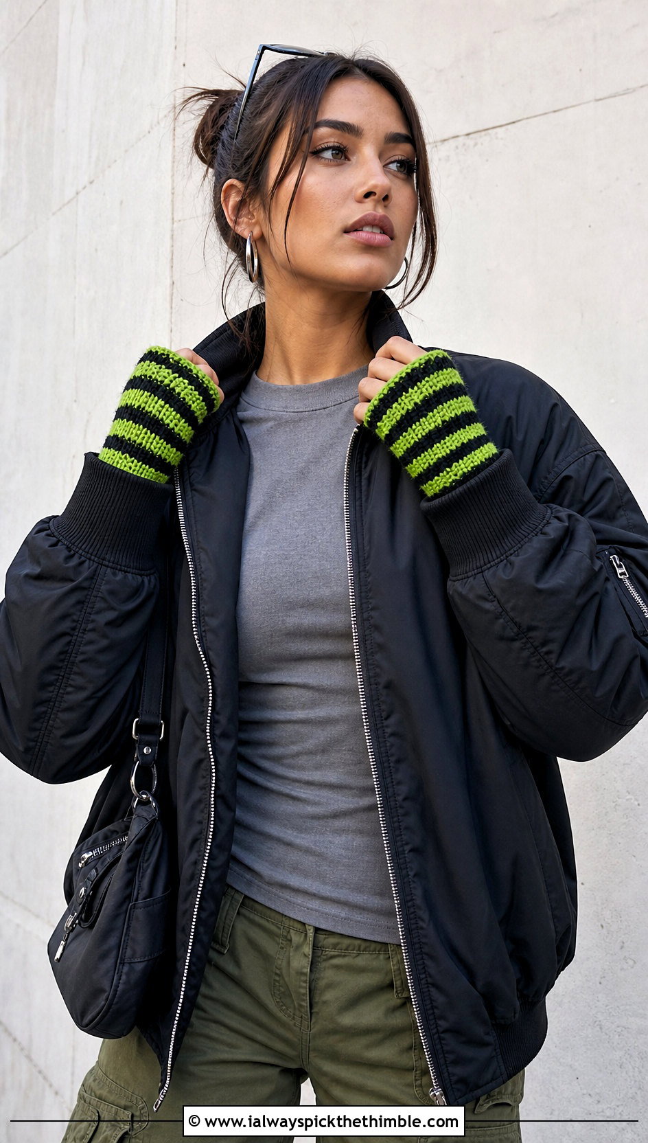 Striped Crochet Fingerless Mittens With Bomber Jacket And Cargo Pants - 20 crochet fingerless mittens outfit ideas