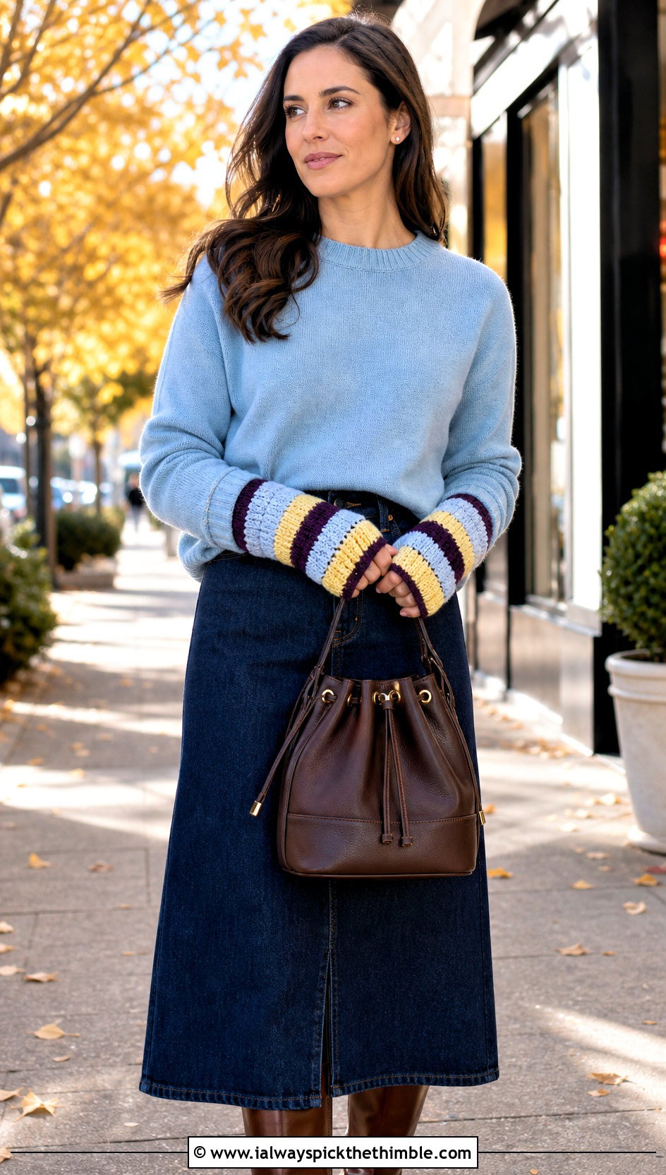 Striped Crochet Fingerless Mitts With Sweater And Denim Skirt - 20 Crochet Fingerless Mitts outfit ideas
