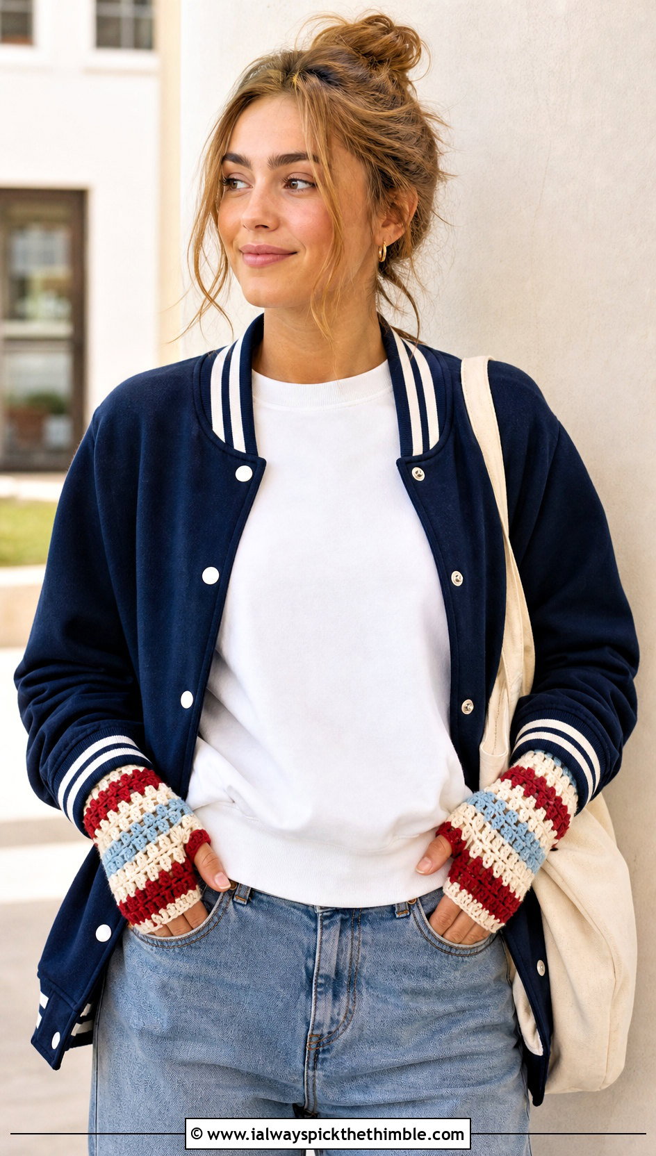 Striped Crochet Fingerless Mitts With Varsity Jacket - 25 crochet hand warmer outfit ideas