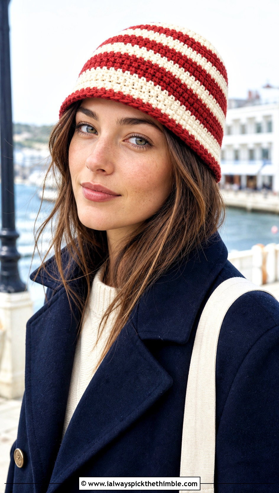 Striped Crochet Fisherman Beanie With Peacoat - 25 crochet fisherman beanie outfit ideas
