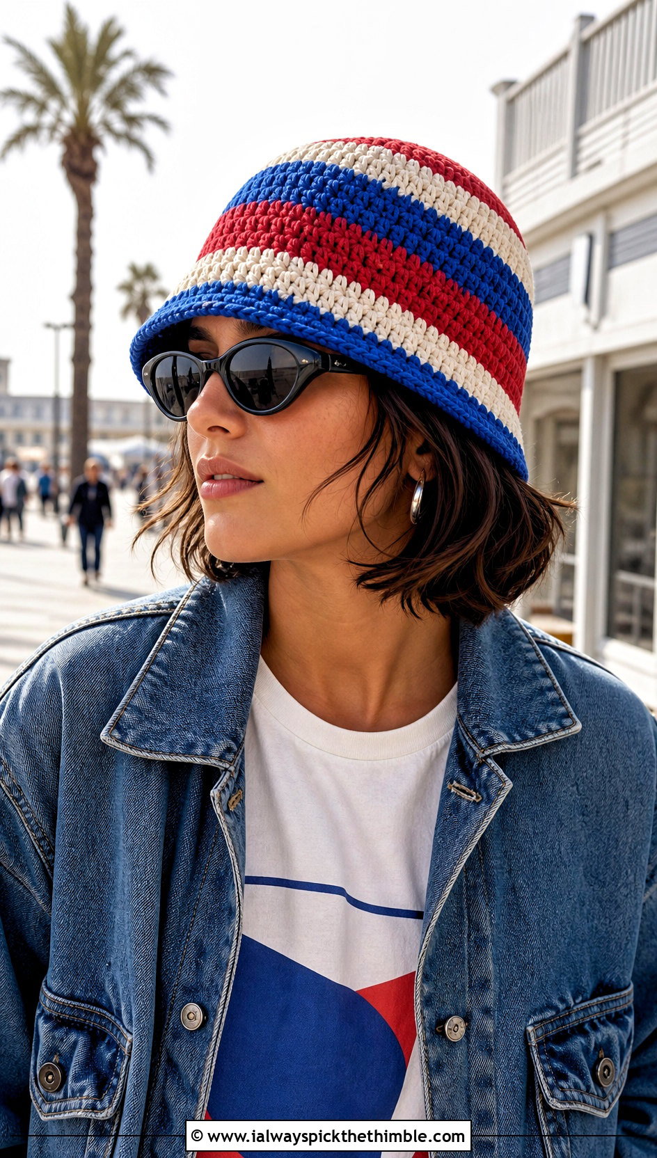 Striped Crochet Fisherman Hat With Graphic Tee - 25 crochet fisherman hat outfit ideas