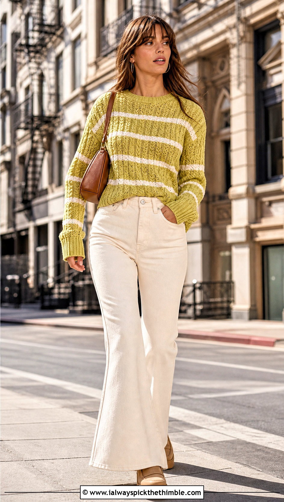 Striped Crochet Fisherman Sweater With Flared Jeans - 20 crochet fisherman sweater outfit ideas