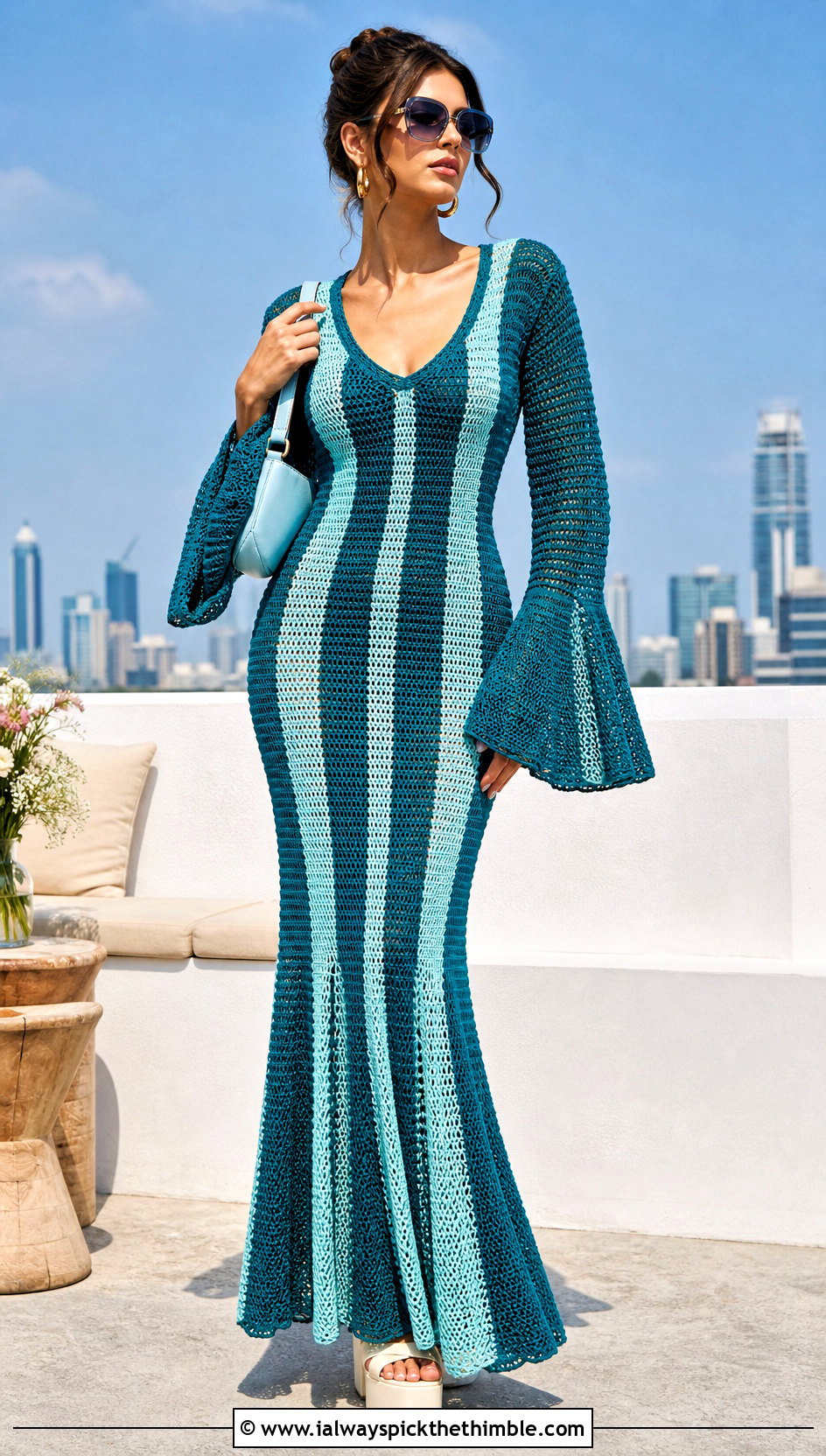 Striped Crochet Fishtail Flare Sleeve Maxi Dress With Platform Sandals - 20 Crochet Fishtail Flare Sleeve Maxi Dress outfit ideas