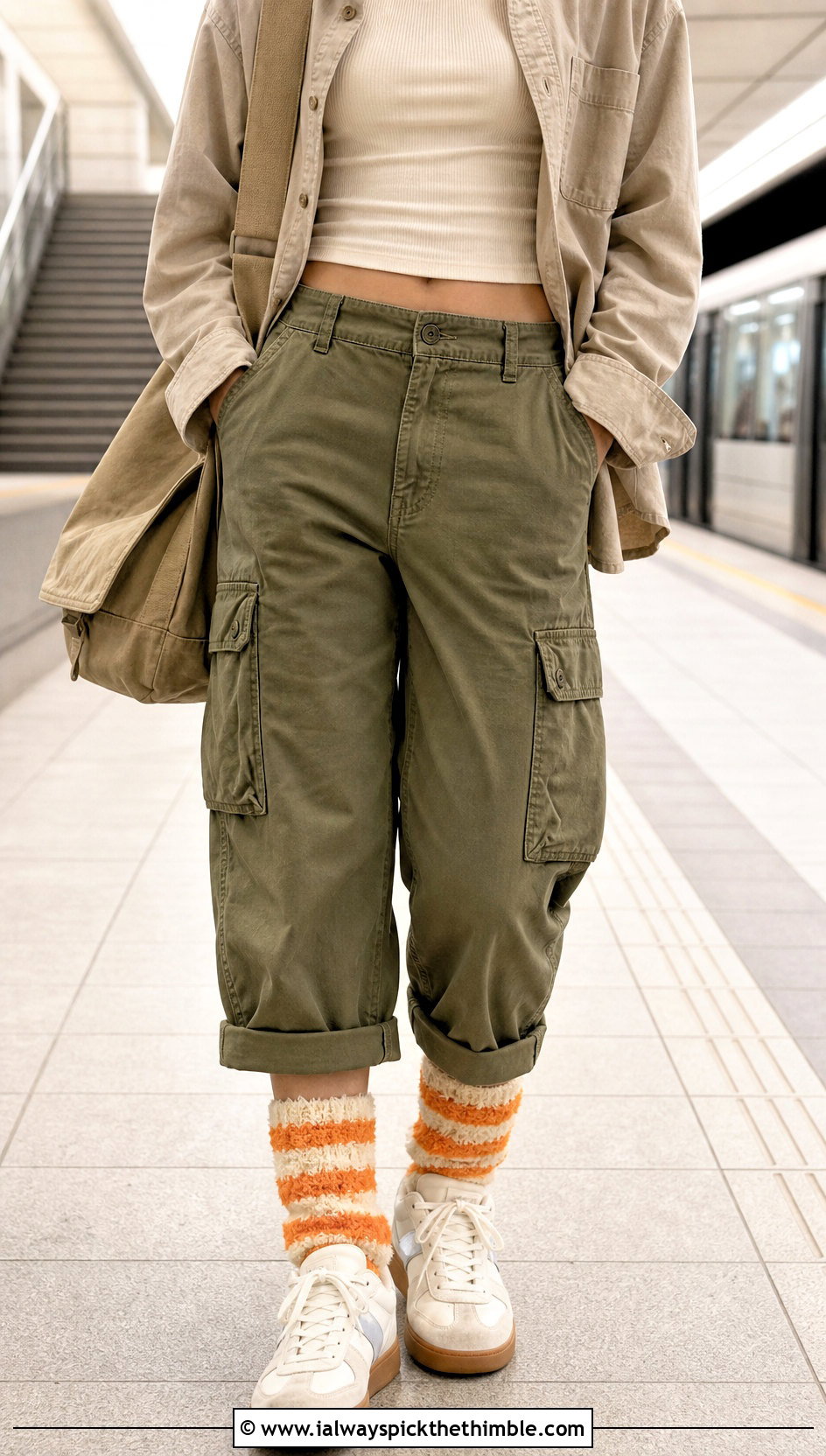 Striped Crochet Fluffy Socks With Cargo Pants - 20 Crochet Fluffy Socks outfit ideas