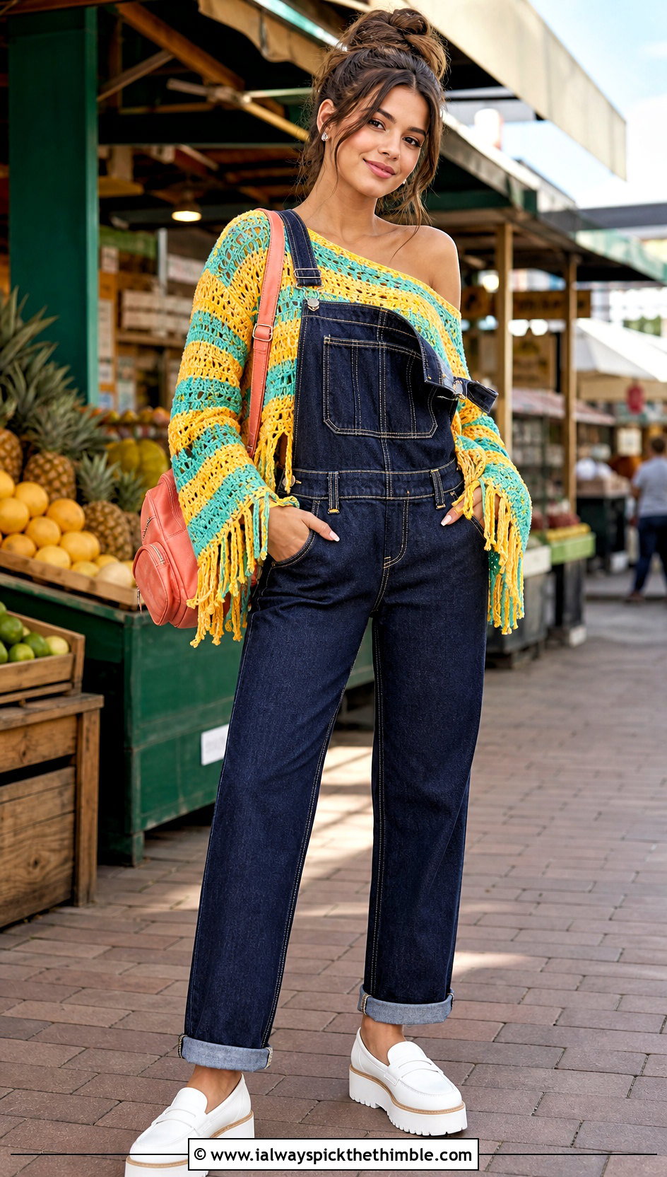 Striped Crochet Fringe Sweater With Denim Overalls - 20 Crochet Fringe Sweater outfit ideas