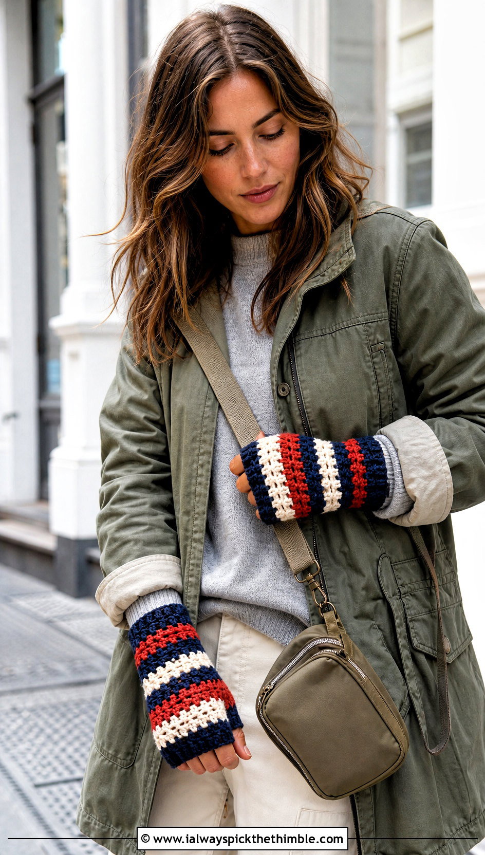 Striped Crochet Gloves With Utility Jacket - 20 crocheted gloves outfit ideas