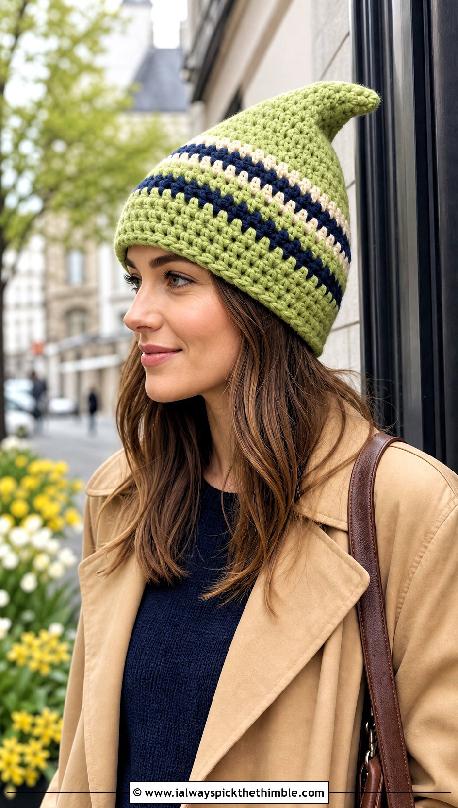 Striped Crochet Gnome Hat With Trench Coat - 25 crochet gnome hat outfit ideas