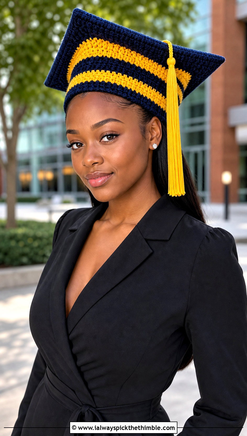 Striped Crochet Graduation Cap With Black Jumpsuit - 25 crochet graduation cap outfit ideas