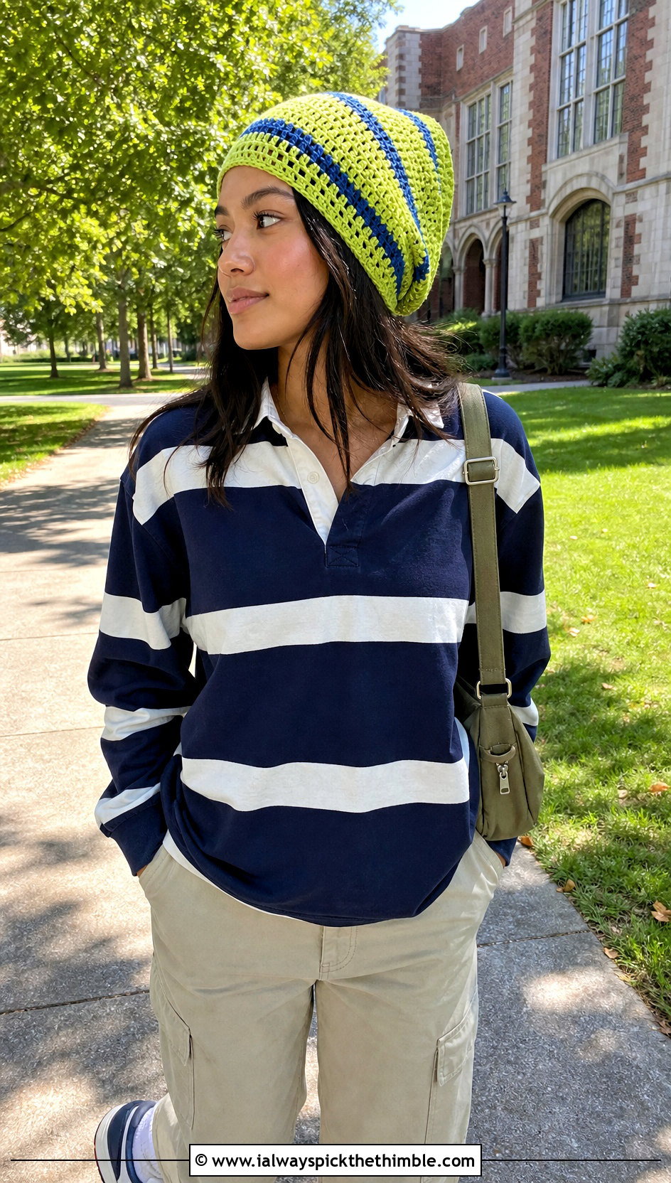 Striped Crochet Hair Bonnet With Rugby Shirt And Cargo Pants - 20 Crochet Hair Bonnet outfit ideas