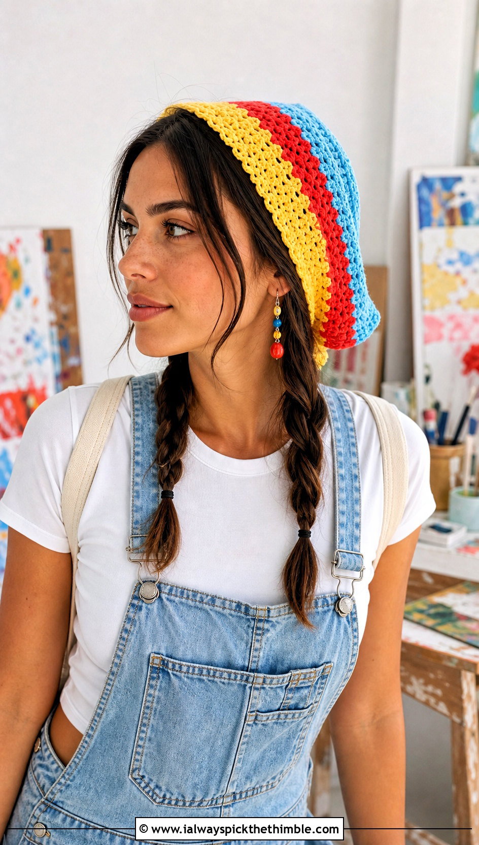 Striped Crochet Hair Scarf With Denim Overalls - 20 crochet bandana hair scarf outfit ideas