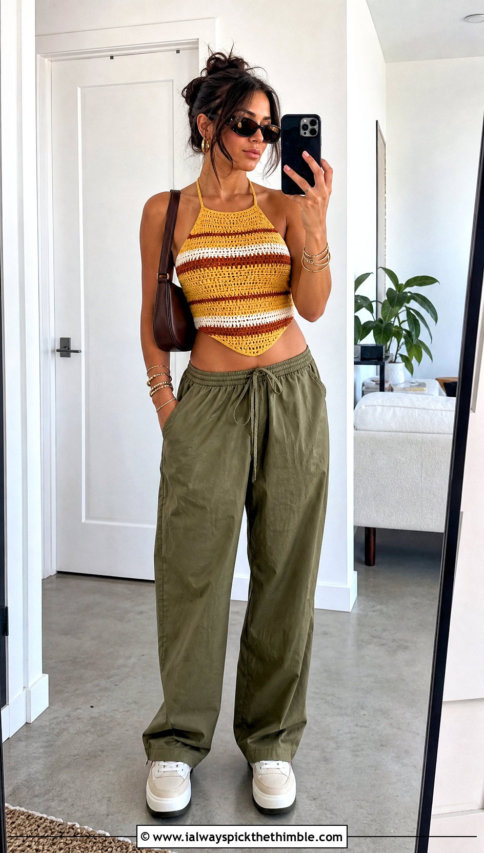 Striped Crochet Halter Top With Parachute Pants - 15 Crochet Halter Top Outfit Inspiration outfit ideas