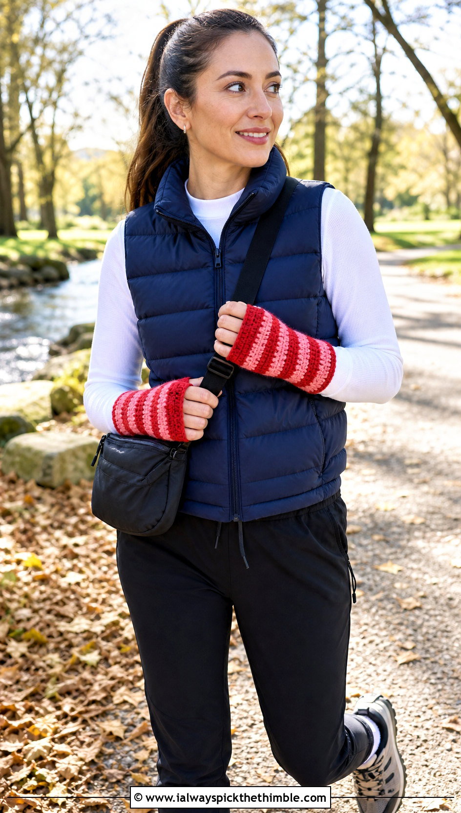 Striped Crochet Hand Warmers With Puffer Vest - 25 crochet hand gloves outfit ideas
