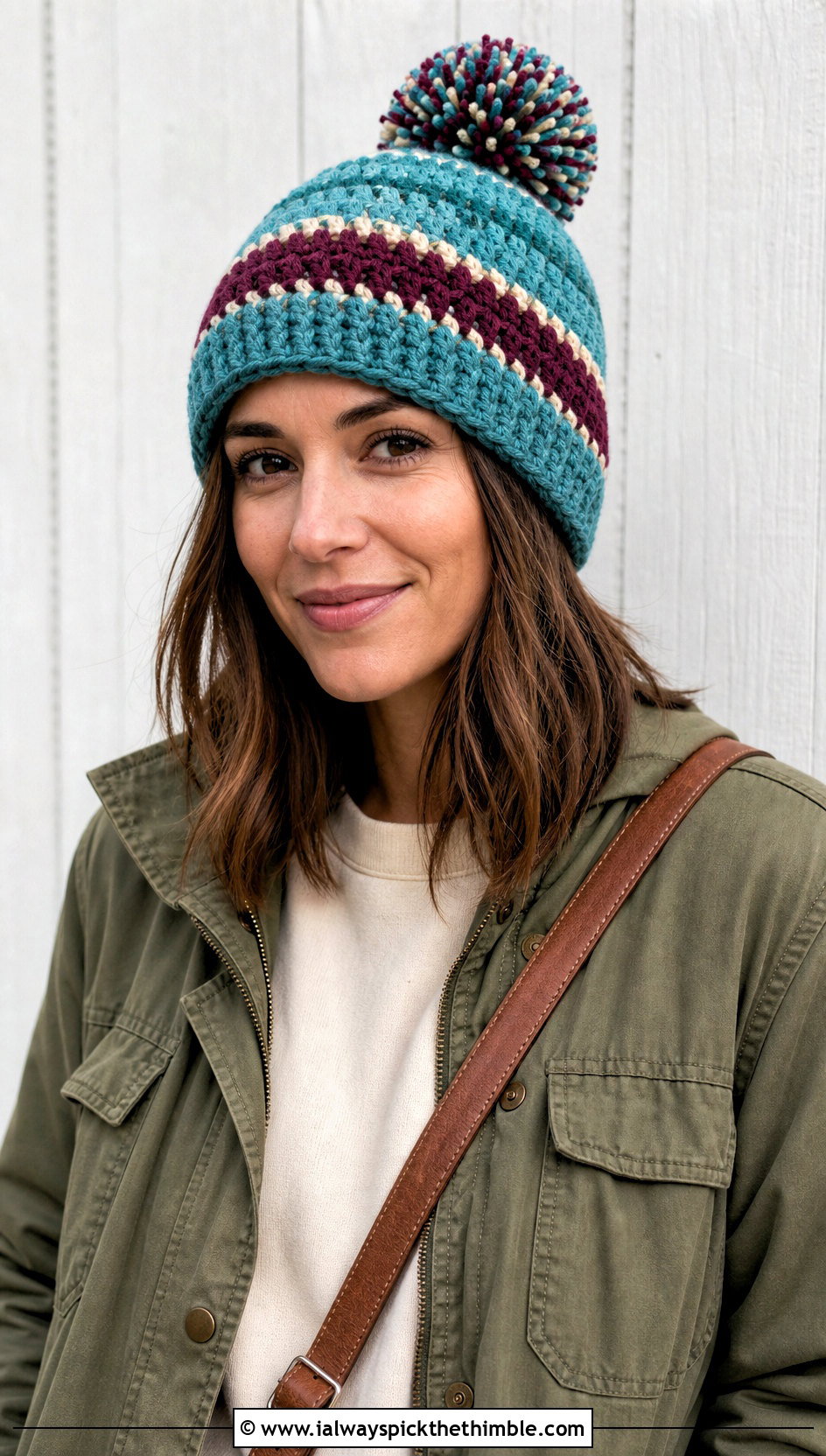 Striped Crochet Hat With Pom Pom And Utility Jacket - 20 crochet hat with pom pom outfit ideas