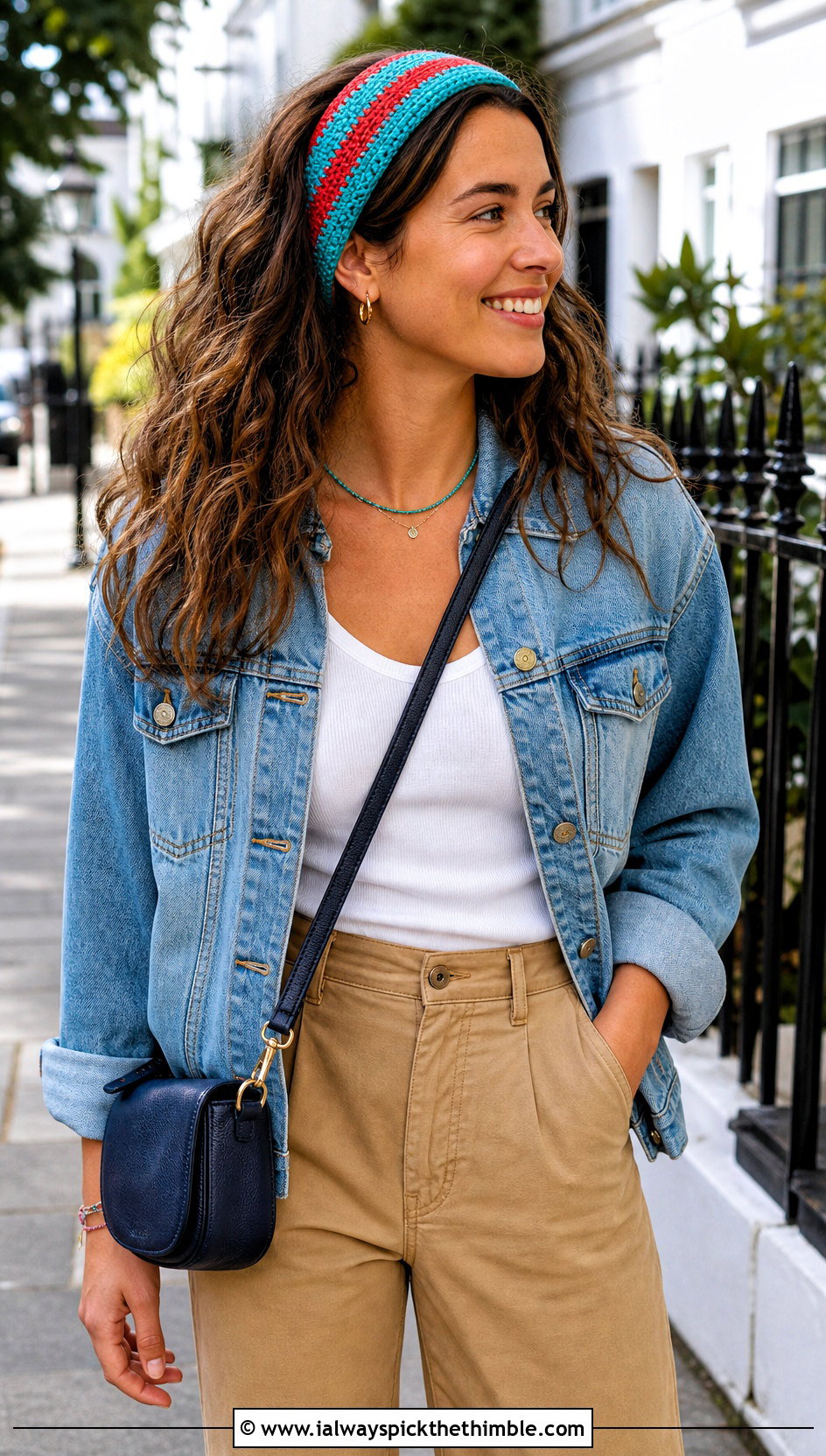 Striped Crochet Headband With Denim Jacket And Chinos - 25 simple crochet headband outfit ideas