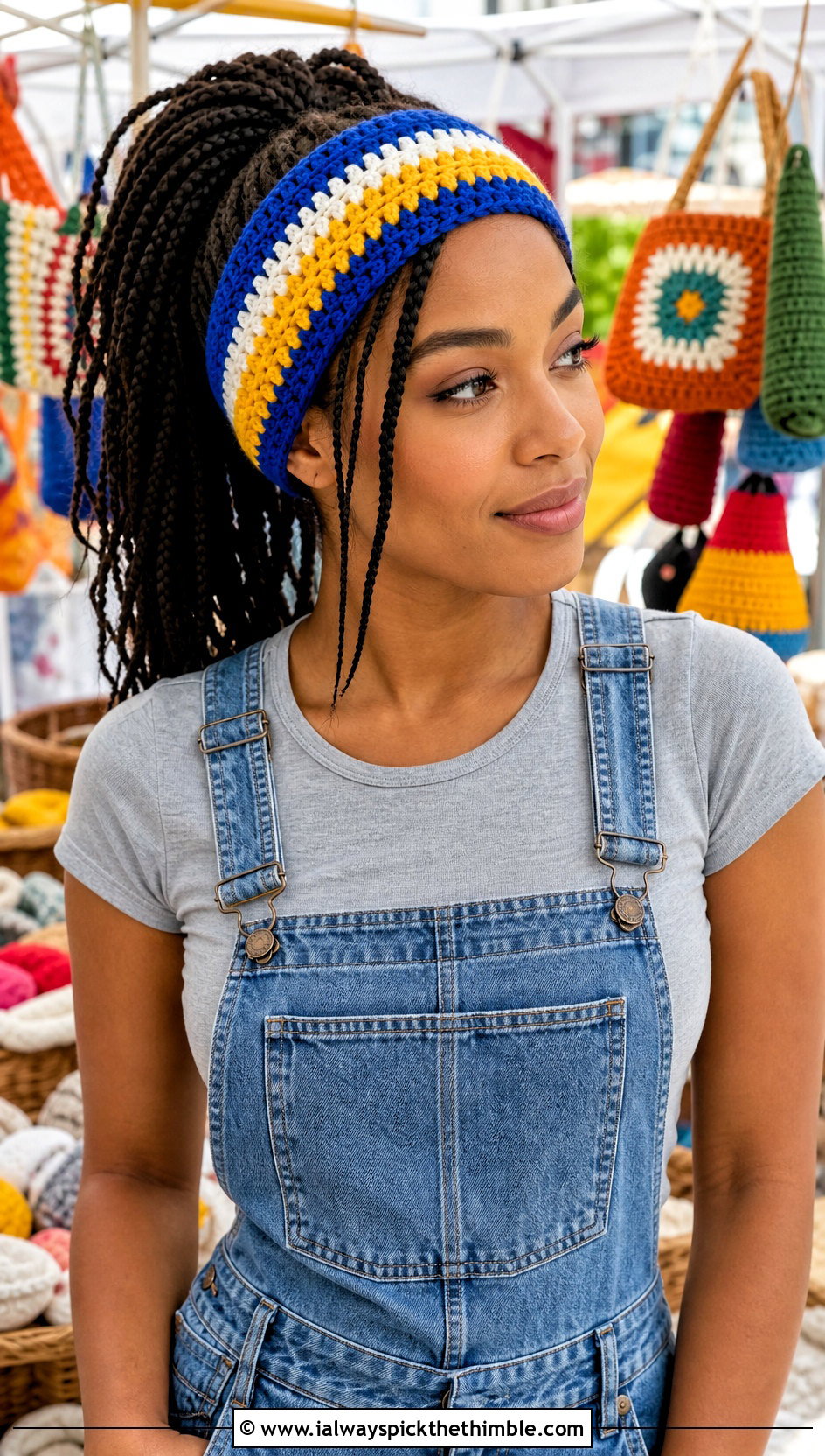 Striped Crochet Headband With Denim Overalls - 20 simple crochet head bands outfit ideas