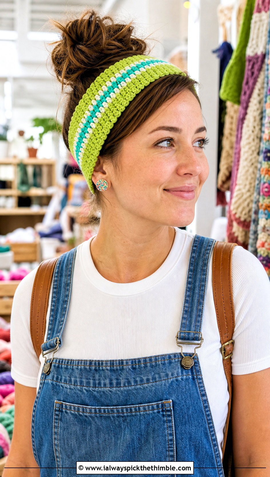 Striped Crochet Headband With Denim Overalls - 20 boho crochet headband outfit ideas