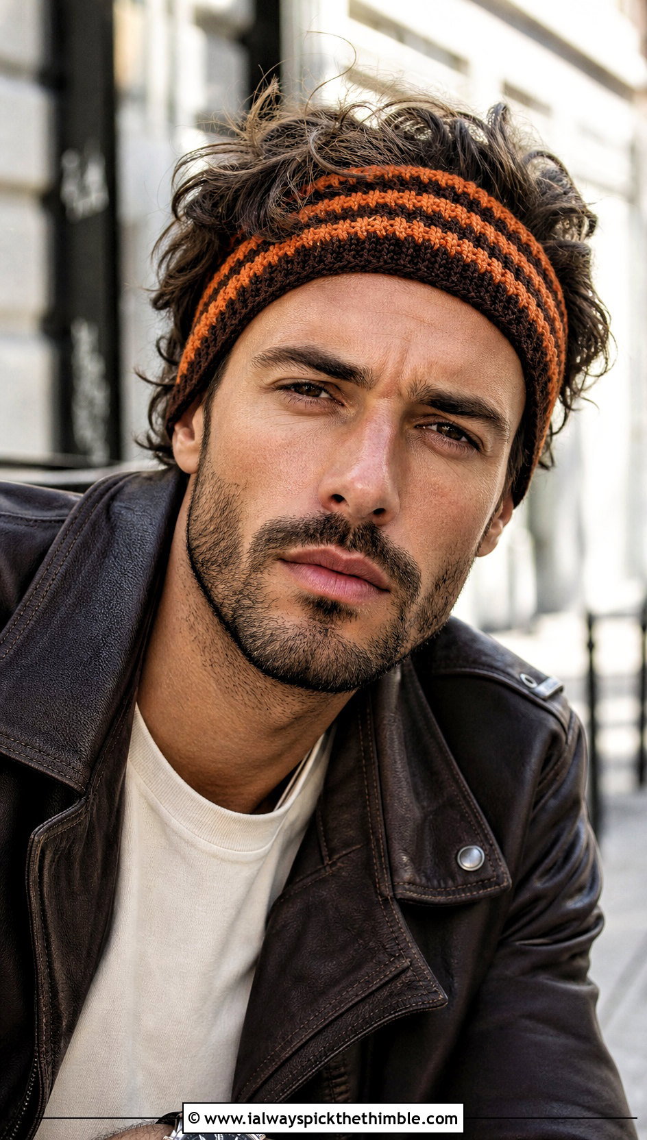 Striped Crochet Headband With Leather Jacket - 15 Crochet Headband For Men outfit ideas