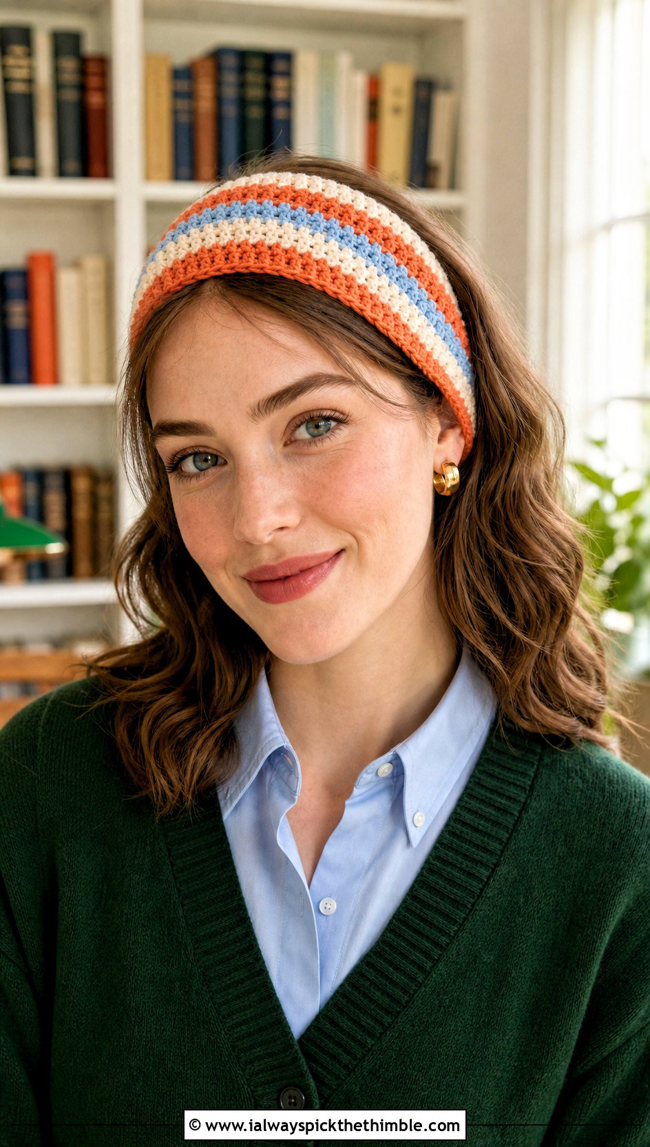 Striped Crochet Headband With Preppy Cardigan - 20 crochet fall headband outfit ideas