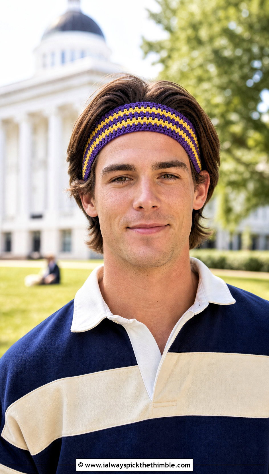 Striped Crochet Headband With Rugby Shirt - 20 men's crochet headband outfit ideas