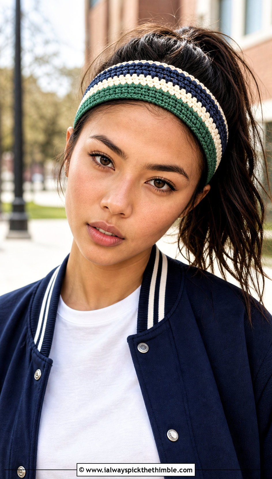 Striped Crochet Headband With Varsity Jacket - 25 crochet hair accessories head bands outfit ideas