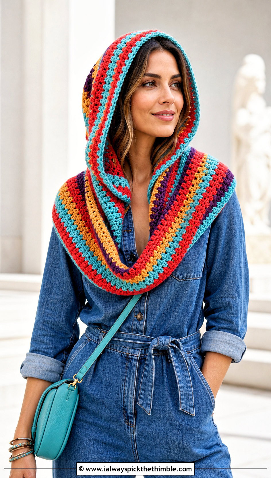 Striped Crochet Hooded Cowl With Denim Jumpsuit - 25 crochet hooded cowl outfit ideas