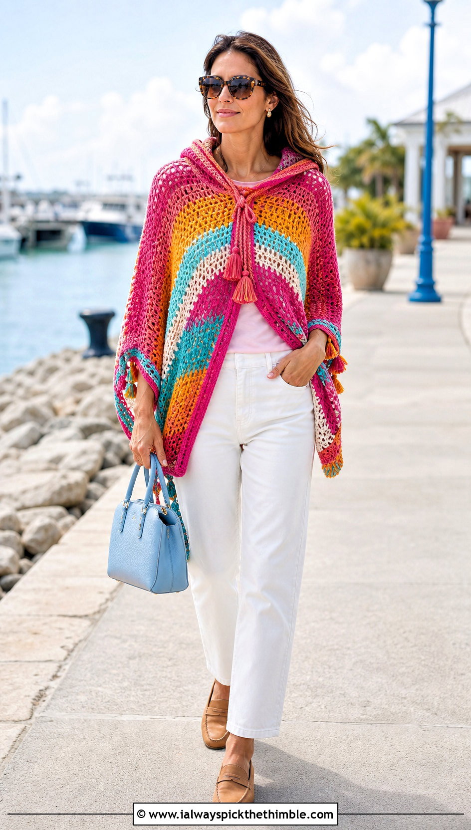 Striped Crochet Hooded Poncho With White Jeans - 25 Crochet Hooded Poncho outfit ideas