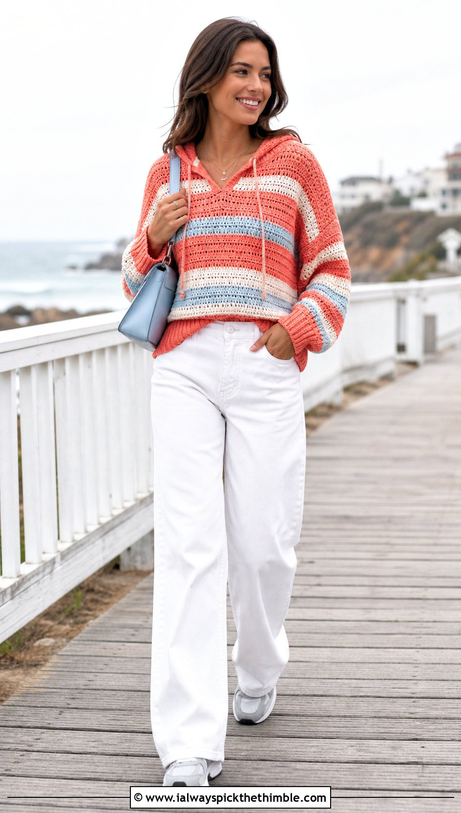 Striped Crochet Hooded Sweater With White Jeans - 20 crochet hooded sweater outfit ideas