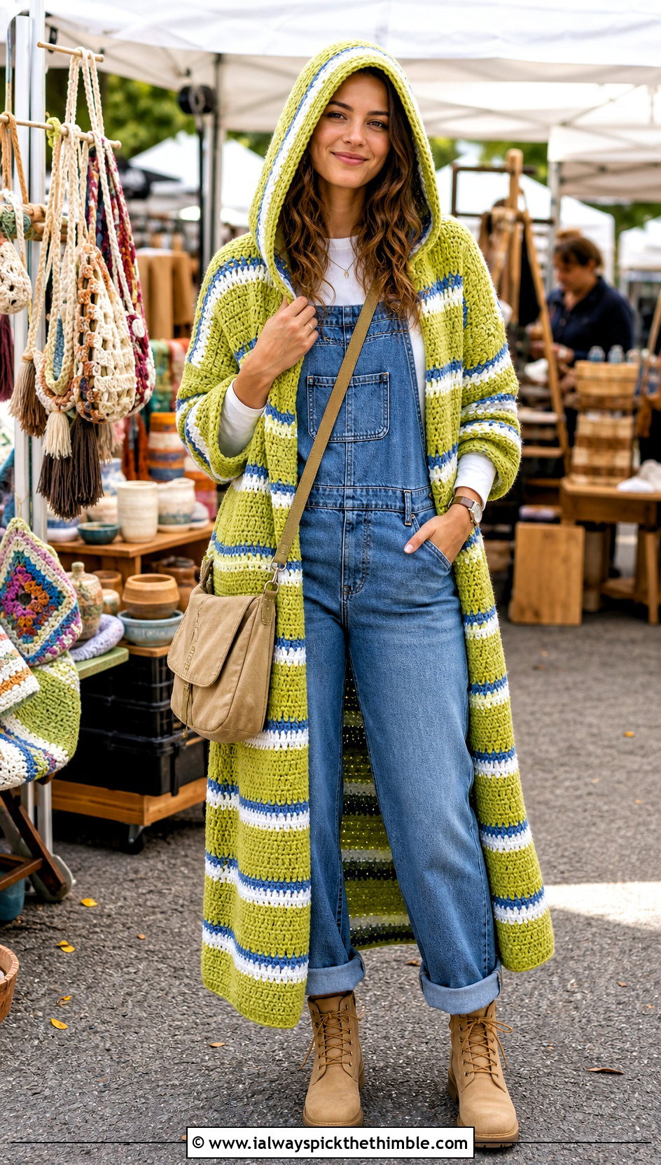 Striped Crochet Hoodie Blanket With Overalls - 20 crochet hoodie blanket outfit ideas