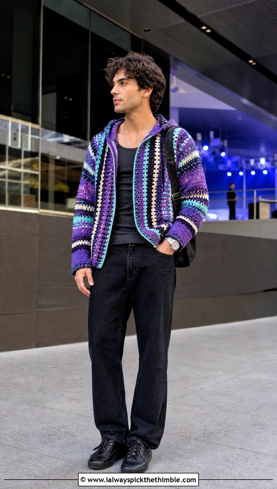 Striped Crochet Hoodie With Black Jeans - 20 Crochet Hoodie Men outfit ideas