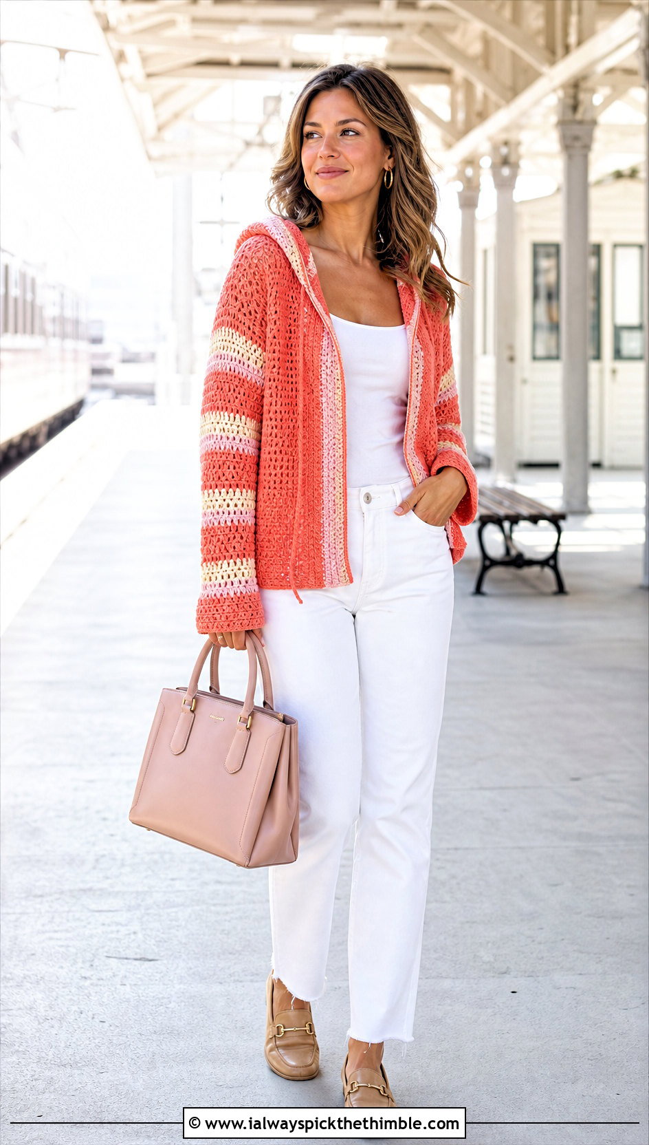 Striped Crochet Hoodie With White Denim - 20 Easy Crochet Hoodie outfit ideas