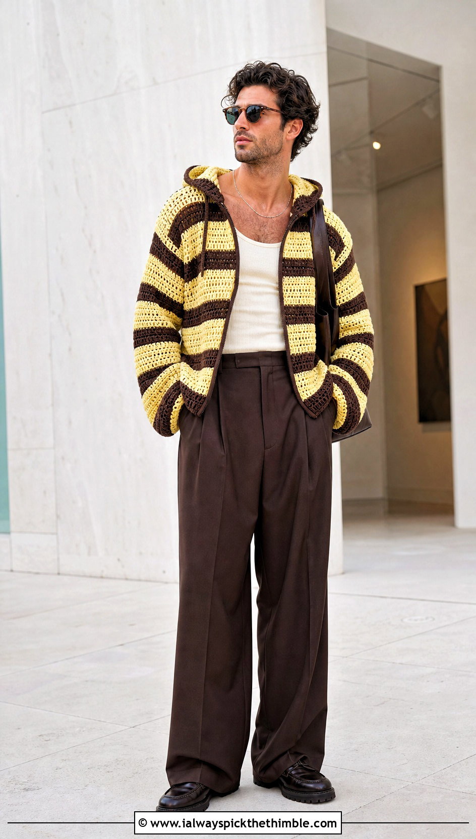 Striped Crochet Hoodie With Wide Leg Trousers - 20 crochet mens hoodie outfit ideas