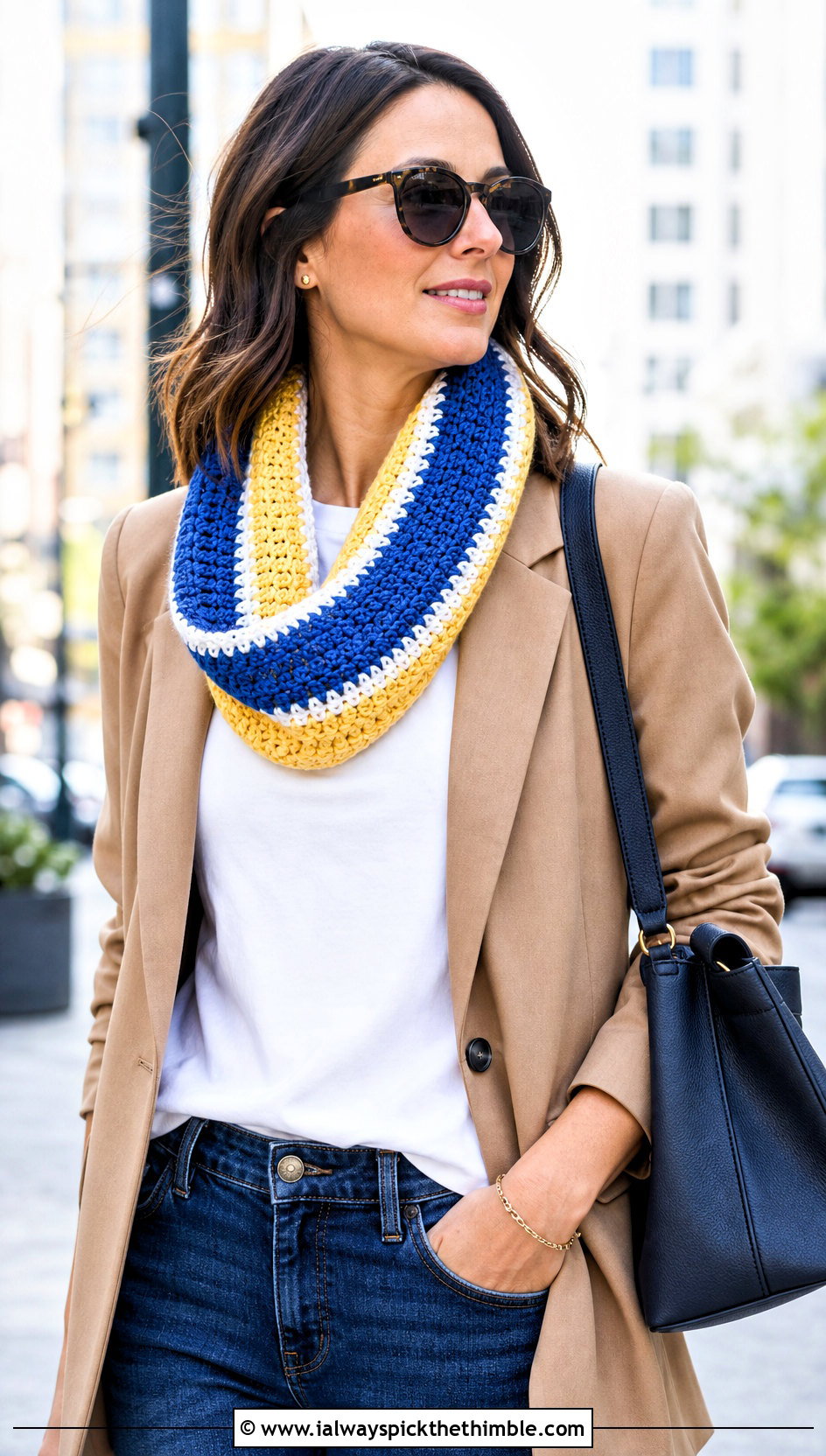 Striped Crochet Infinity Scarf With Blazer And Jeans - 20 easy crochet infinity scarf outfit ideas