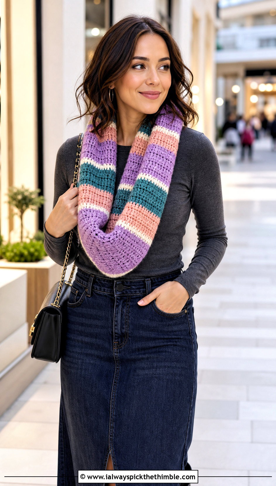 Striped Crochet Infinity Scarf With Denim Skirt - 25 crochet infinity scarf outfit ideas