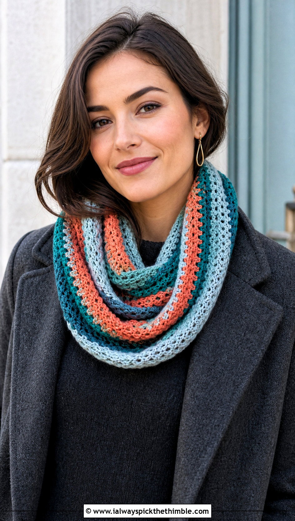 Striped Crochet Infinity Scarf With Sweater Dress - 20 striped crochet scarf outfit ideas