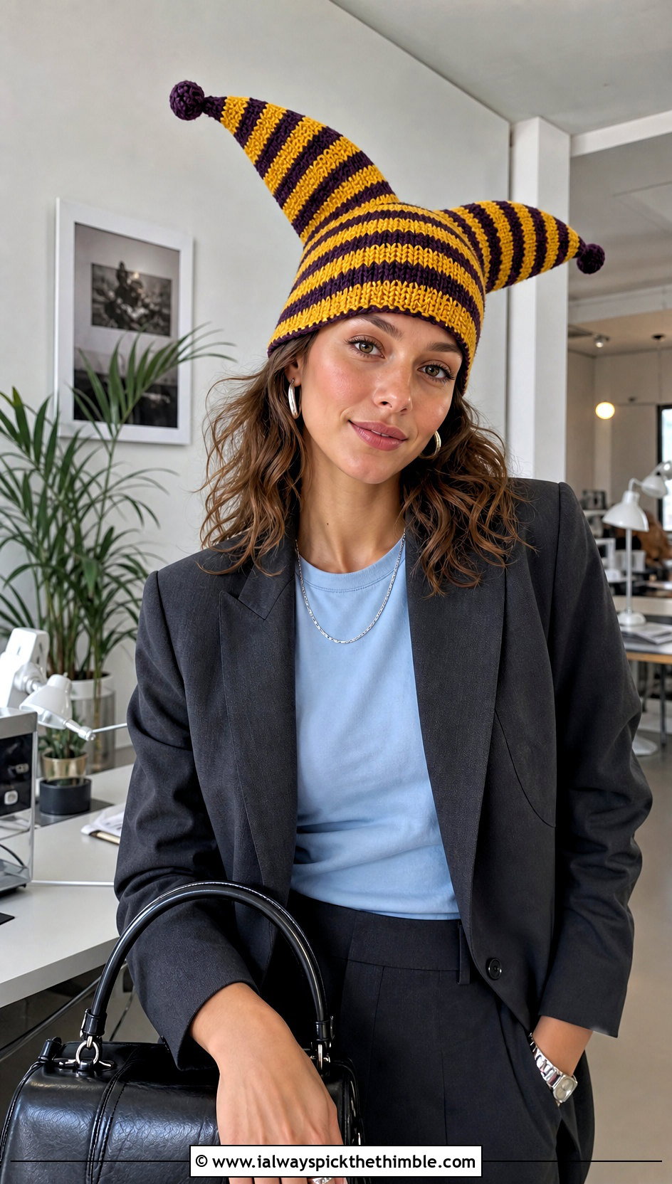 Striped Crochet Jester Hat With Blazer And Trousers - 25 crochet jester hat outfit ideas