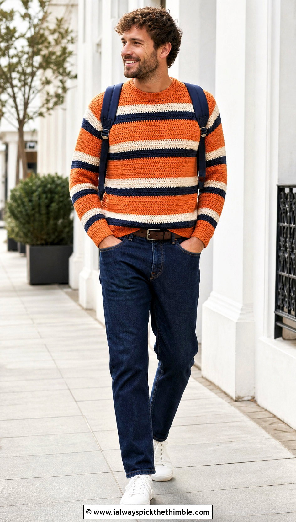 Striped Crochet Jumper With Dark Denim - 25 men crochet jumper outfit ideas