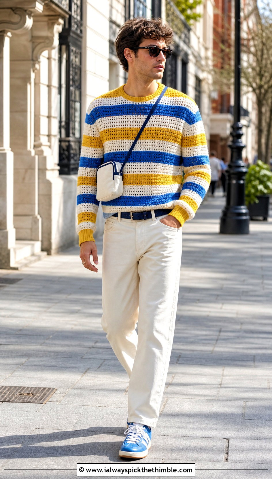 Striped Crochet Jumper With Ecru Denim - 25 crochet man sweaters outfit ideas
