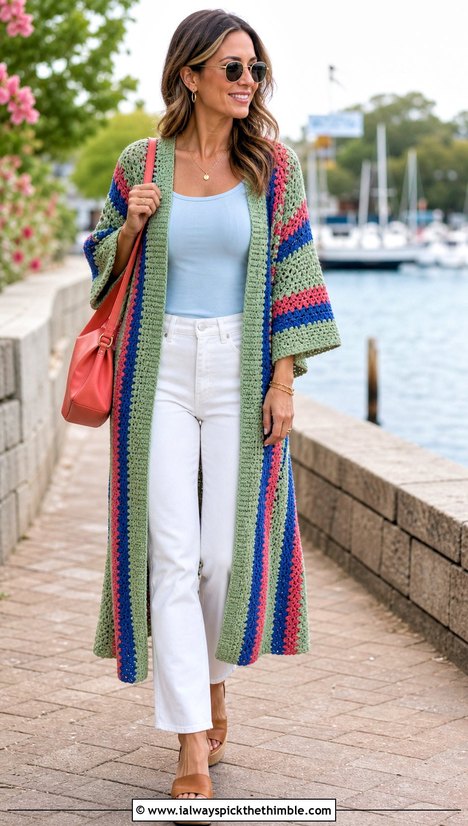 Striped Crochet Kimono With White Jeans - 25 crochet kimono outfit ideas
