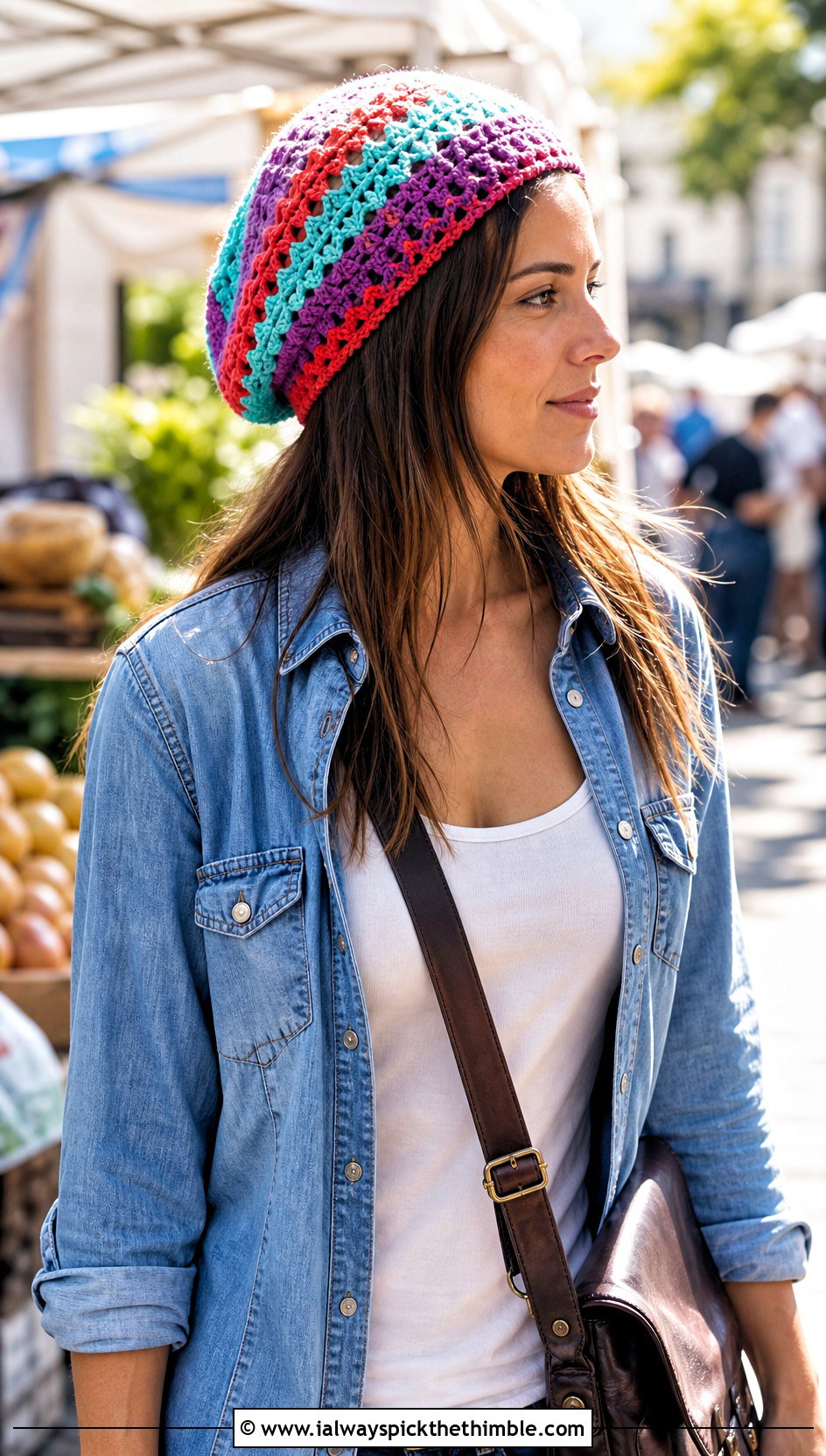 Striped Crochet Lace Beanie With Denim Shirt - 20 crochet lace beanie outfit ideas