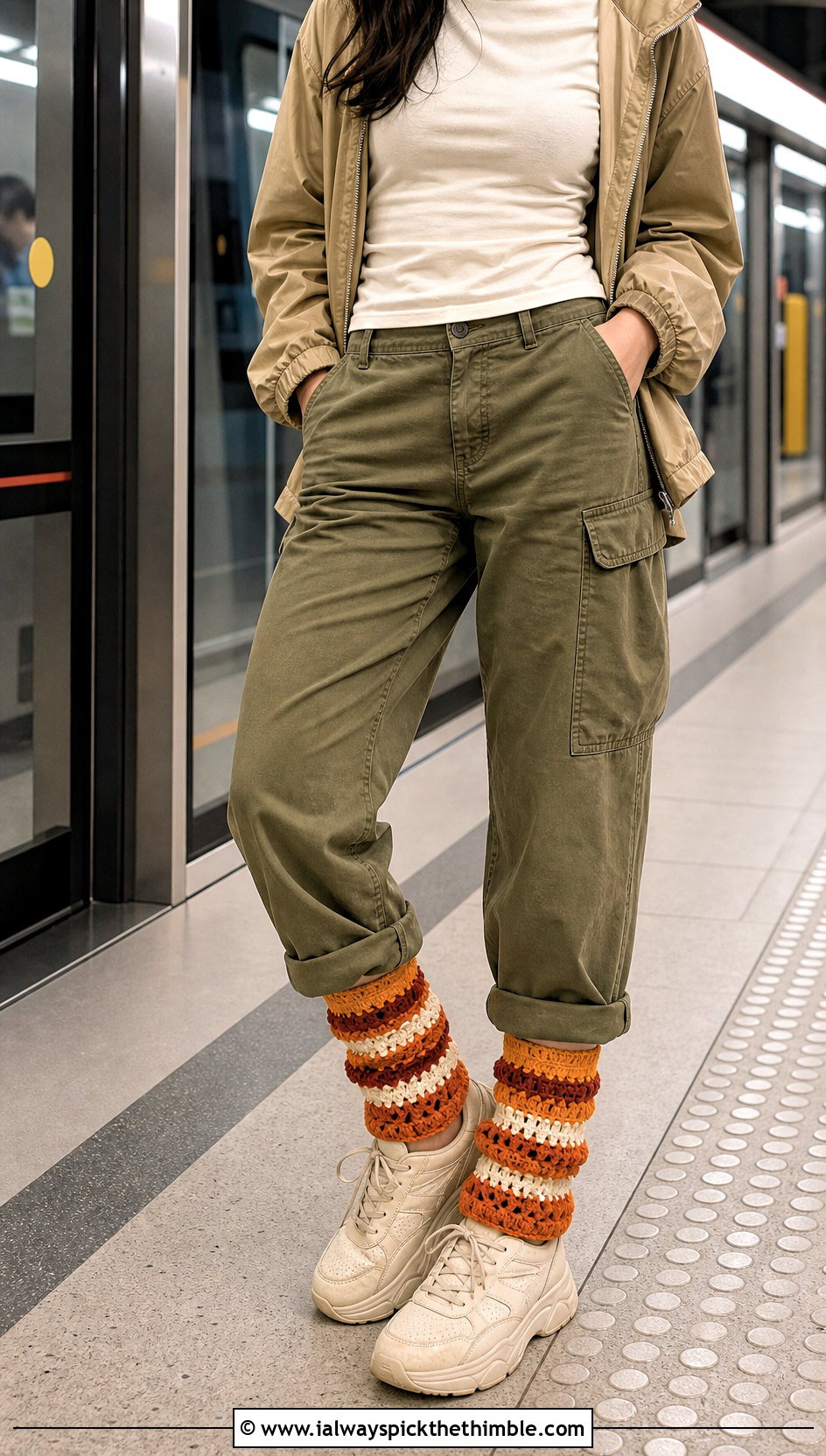 Striped Crochet Leg Warmers With Cargo Pants And Sneakers - 20 cute crochet leg warmers outfit ideas