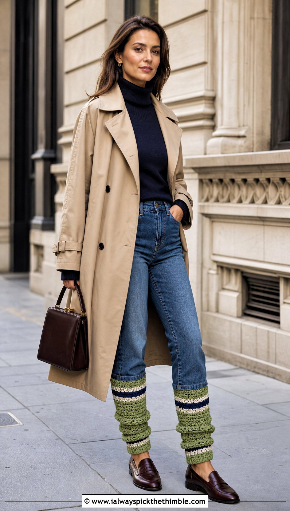 Striped Crochet Leg Warmers With Trench Coat - 15 Crochet Clothes Leg Warmers outfit ideas