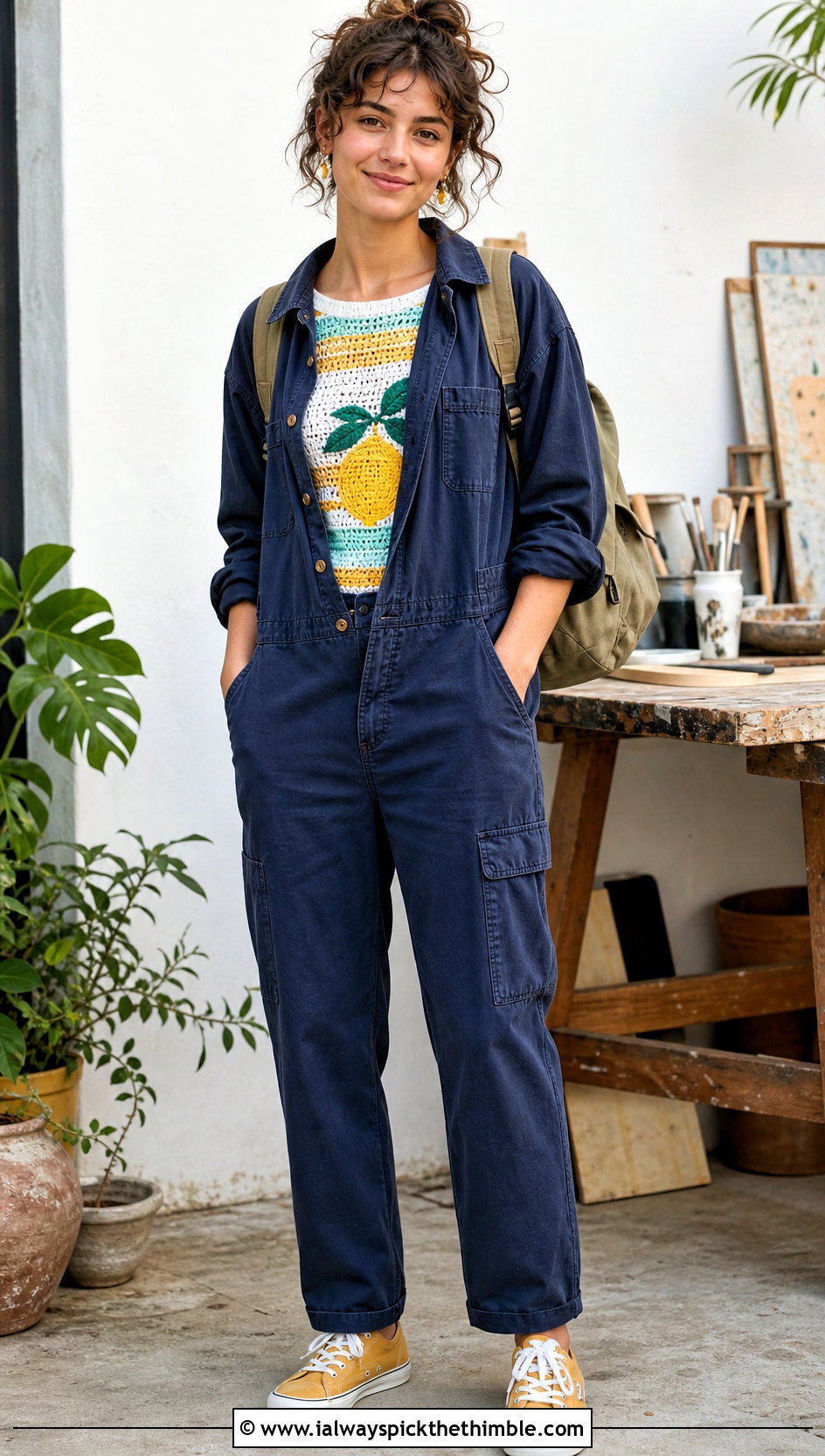 Striped Crochet Lemon Sweater With Utility Jumpsuit - 20 Crochet Lemon Sweater outfit ideas
