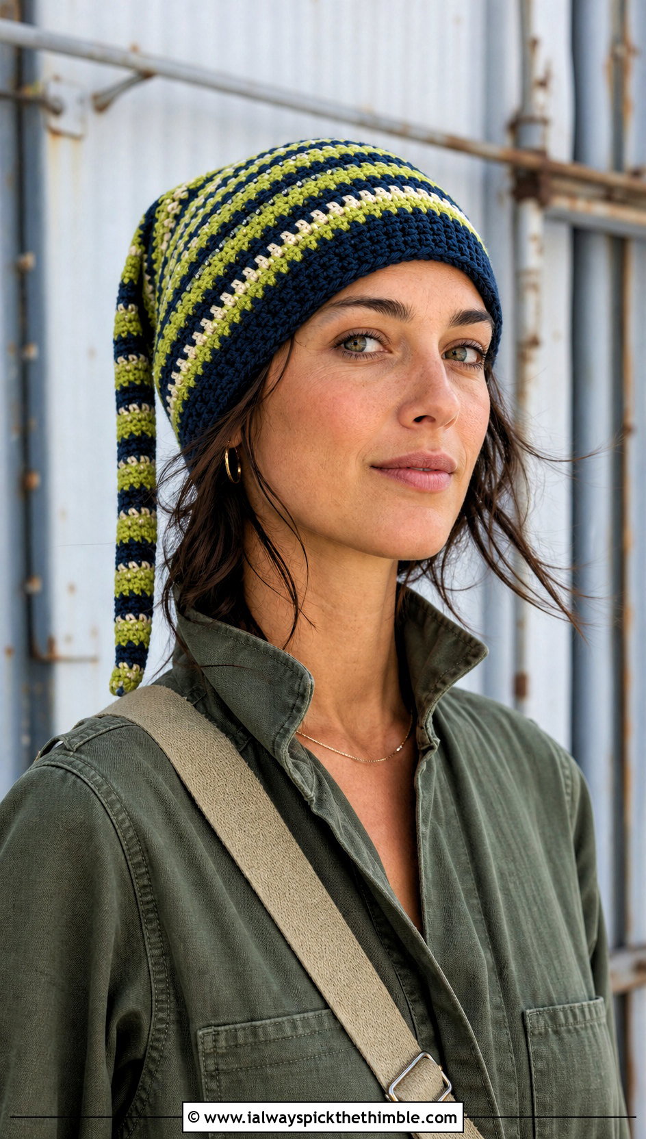 Striped Crochet Link Hat With Utility Jumpsuit - 20 crochet link hat outfit ideas