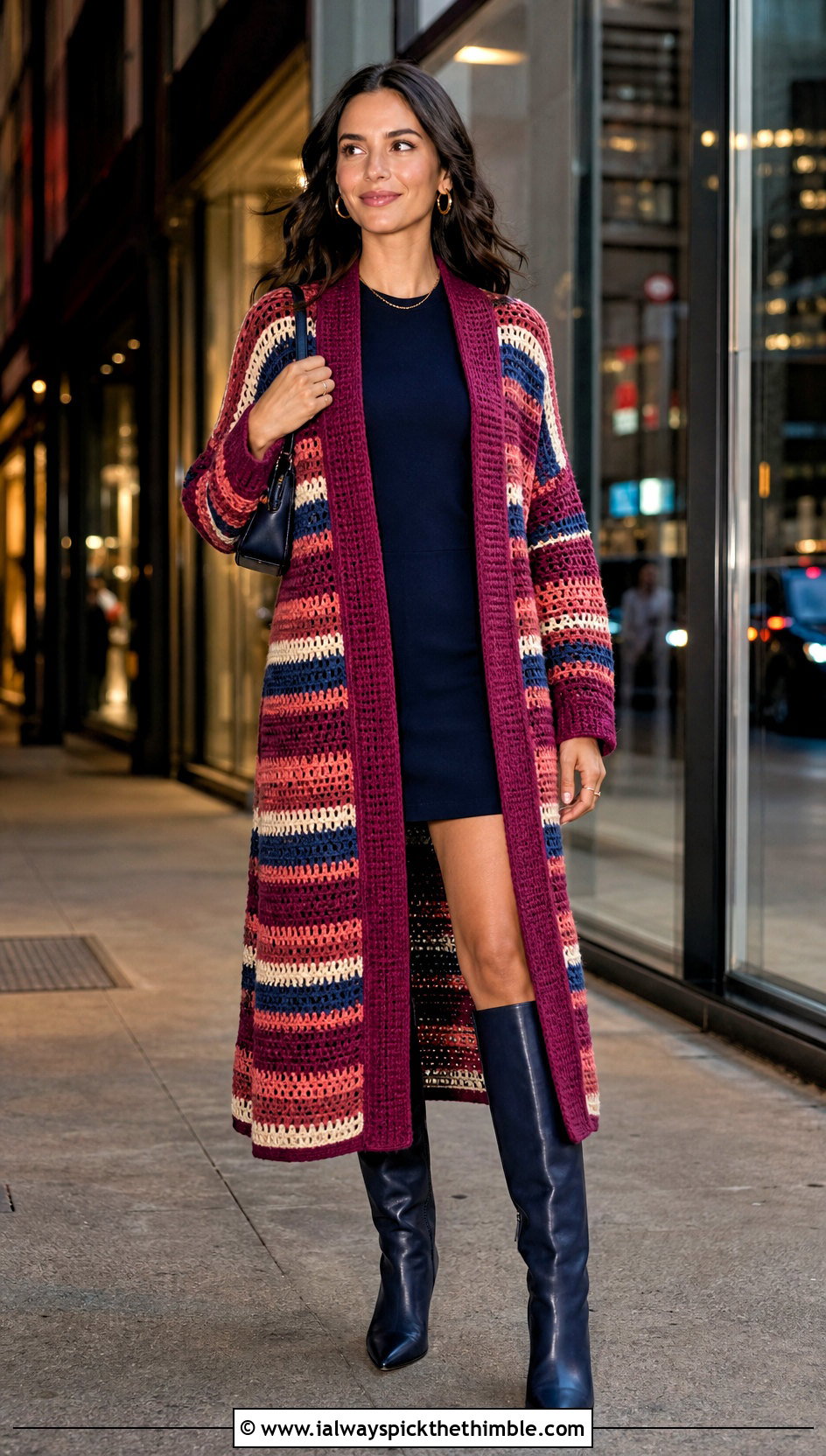 Striped Crochet Long Cardigan With Mini Dress - 25 crochet long cardigan outfit ideas