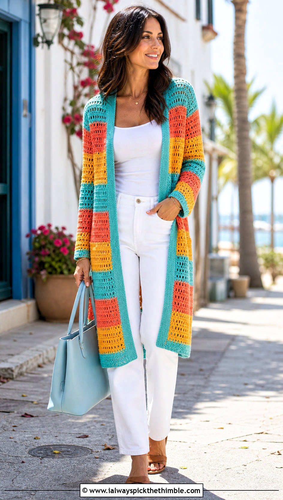 Striped Crochet Long Cardigan With White Jeans - 25 crochet long jacket outfit ideas