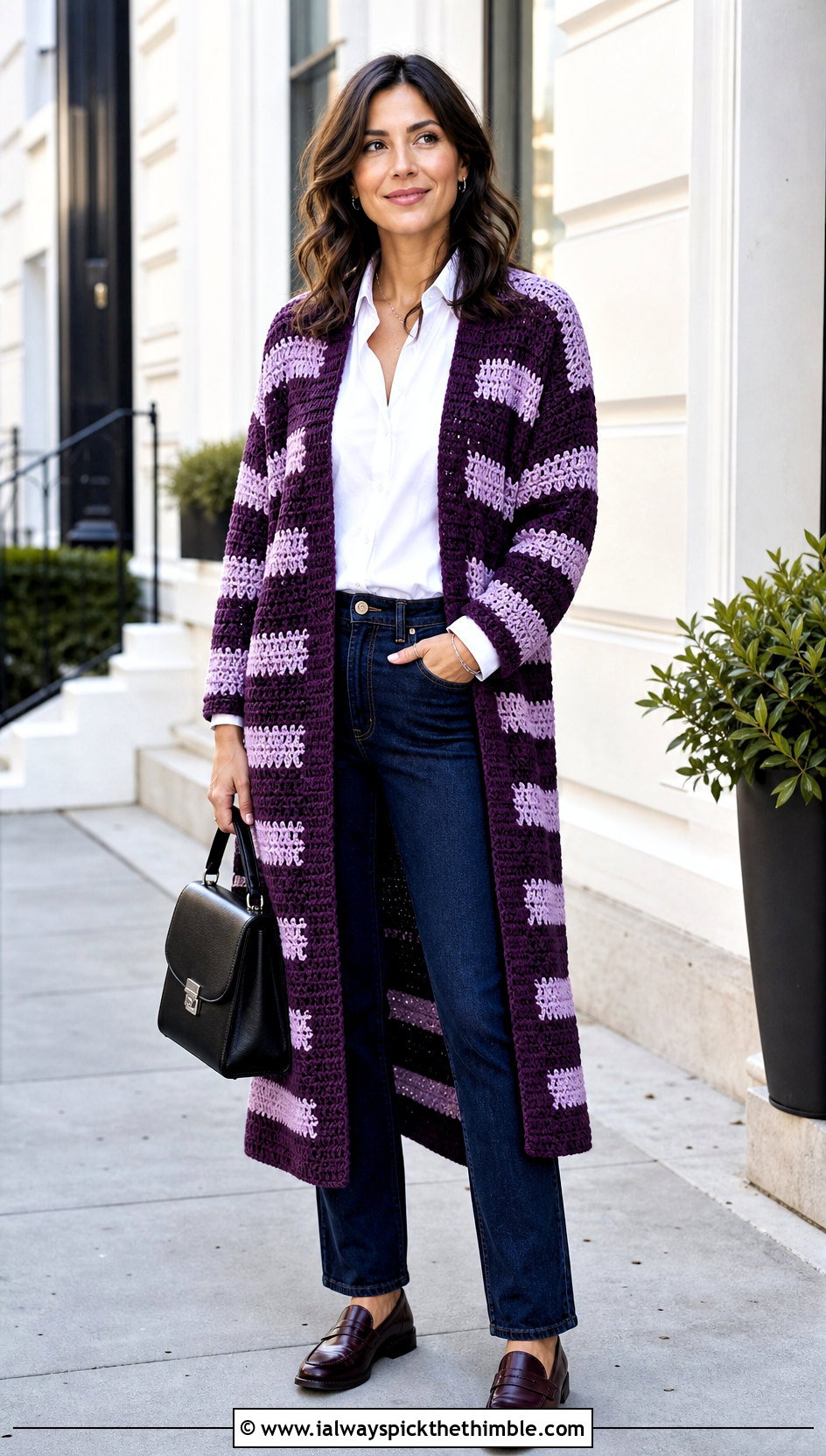 Striped Crochet Long Coat With Button Down Shirt - 25 crochet long coat outfit ideas
