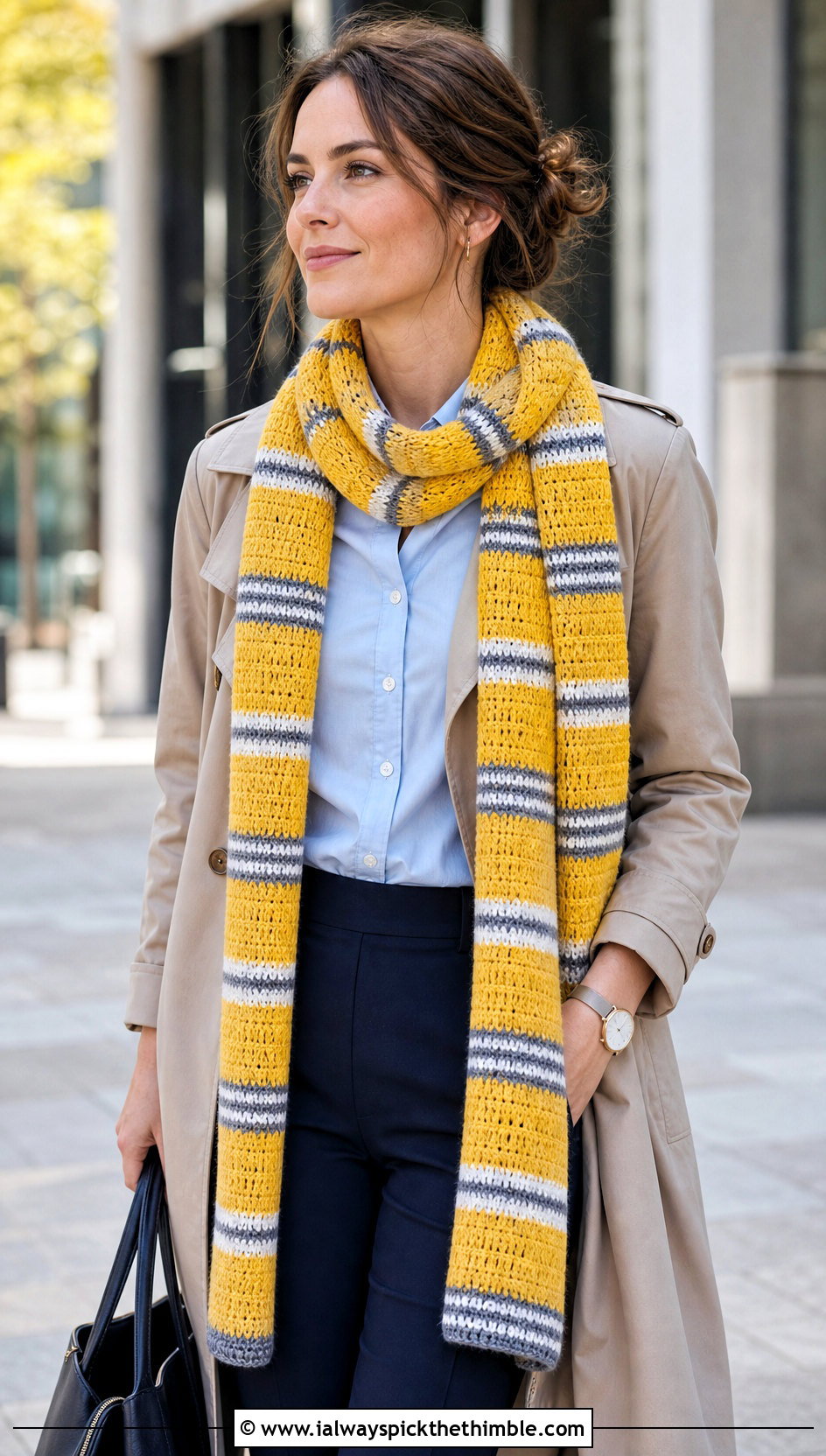 Striped Crochet Long Scarf With Trench Coat - 20 Crochet Long Scarf outfit ideas
