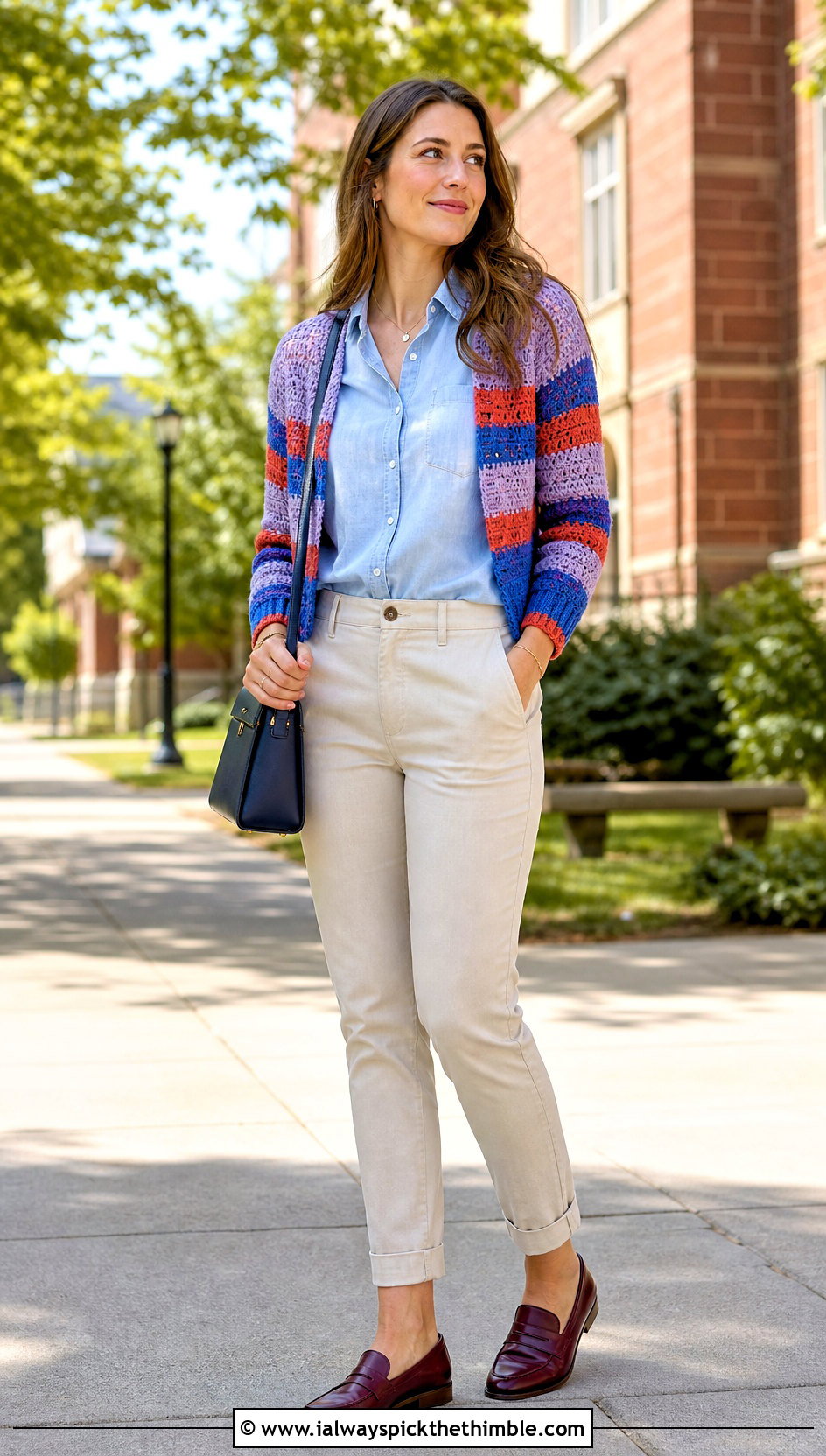 Striped Crochet Long Sleeve Shrug With Chambray Shirt And Chinos - 20 crochet long sleeve shrug outfit ideas