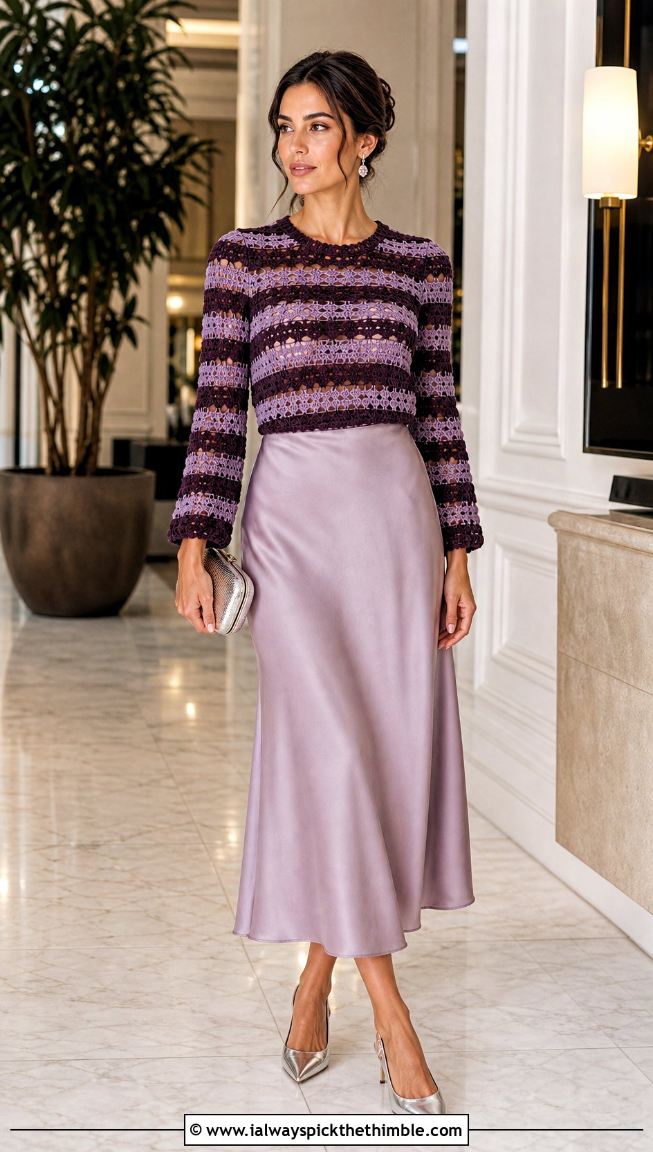 Striped Crochet Long Sleeve Top With Satin Skirt - 25 crochet striped top outfit ideas